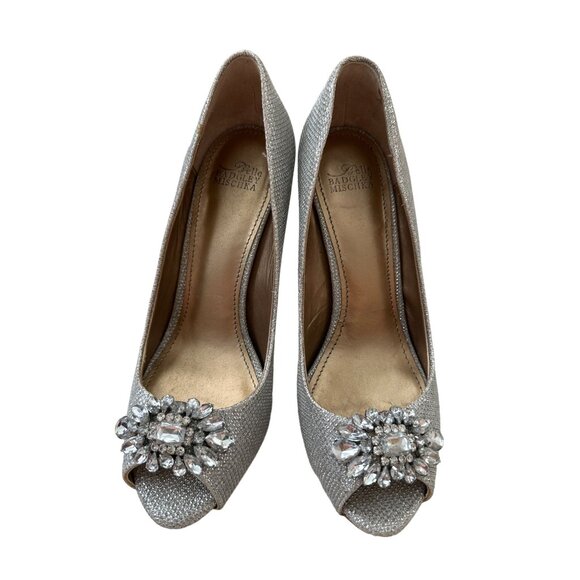 BADGLEY MISCHKA Belle Silver Jeweled Peeptoe Heels Size 7.5 - Picture 2 of 4